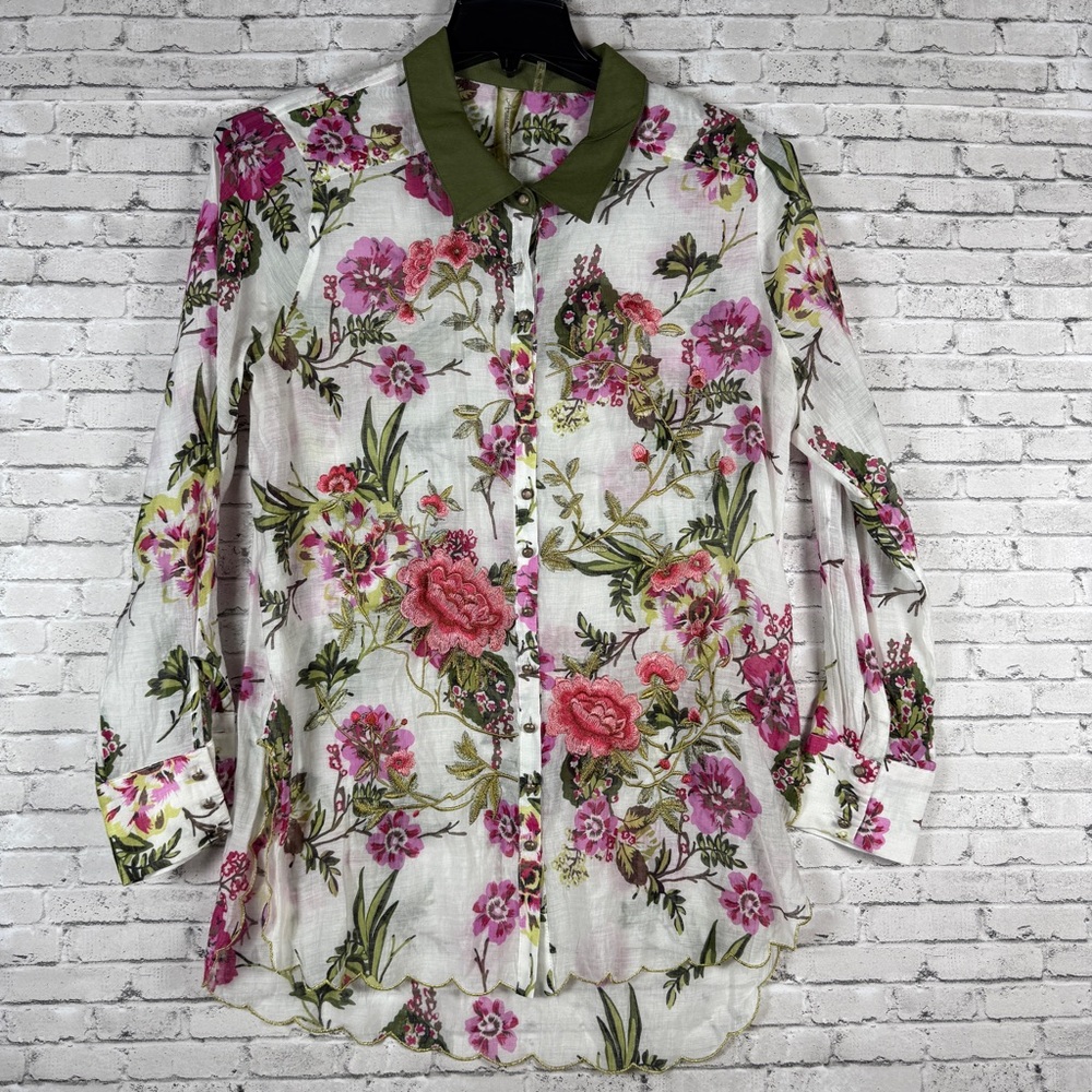 Aratta Silent Journey Embroidered Floral Button Front Designer Art Shirt M